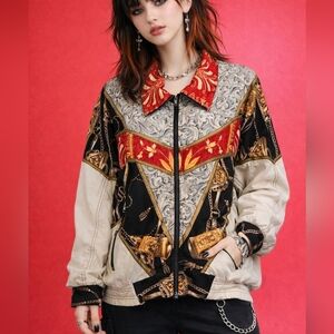 VTG GIACCA 1980s Floral Chain Swishy Oversized Track Zipper Jacket